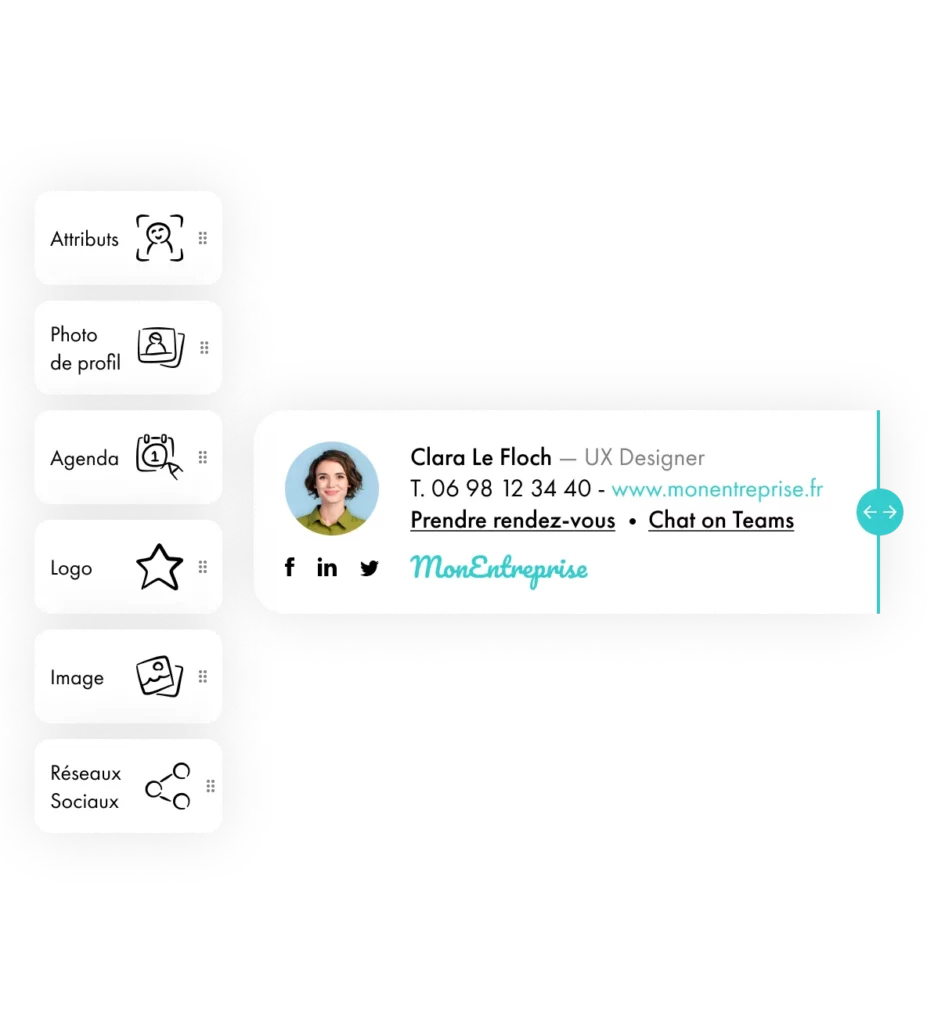 Interface LetSignit permettant de créer une signature email professionnelle avec photo, logo, réseaux sociaux, agenda et informations de contact pour Microsoft 365 et Outlook.