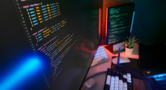 Écrans d'ordinateur affichant du code informatique dans un espace de travail moderne dédié au développement et aux technologies numériques.
