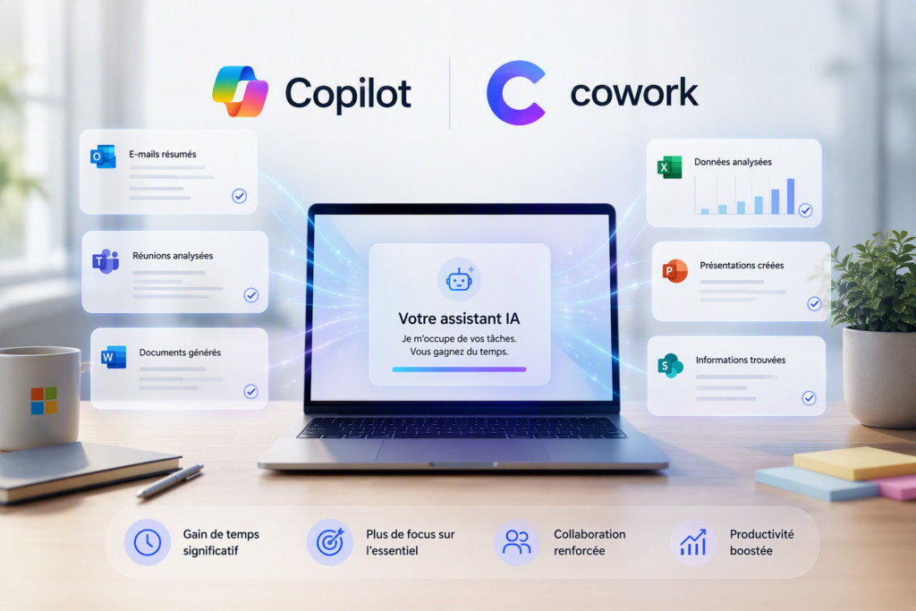 Illustration de Microsoft Copilot et Copilot Cowork montrant un assistant IA connecté aux applications Microsoft 365 pour automatiser les tâches, analyser les données et améliorer la productivité des équipes.