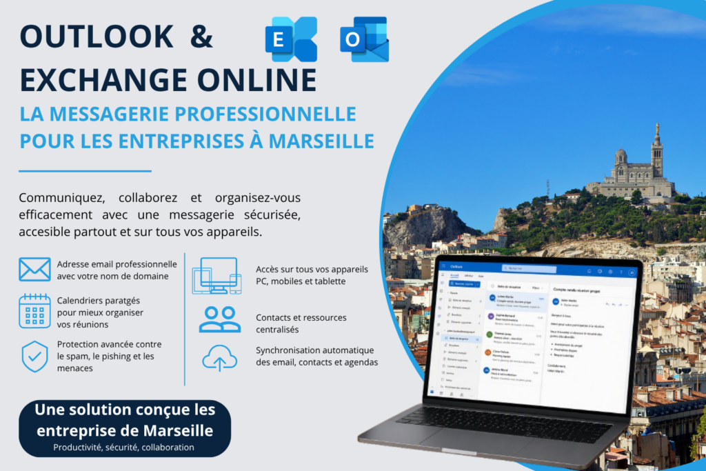 Outlook et Exchange Online pour les entreprises à Marseille avec ordinateur portable affichant la messagerie professionnelle Microsoft.