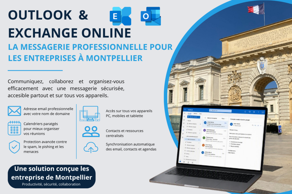Outlook et Exchange Online pour les entreprises à Montpellier avec ordinateur portable affichant la messagerie Microsoft dans un environnement professionnel.