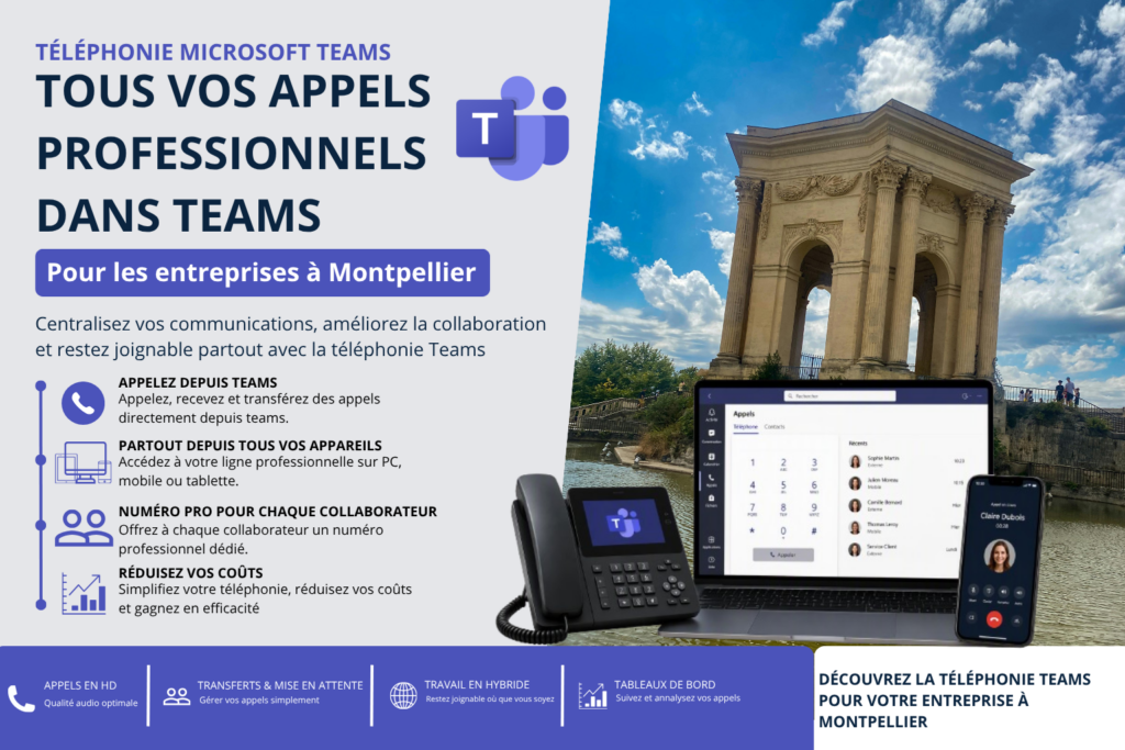 Téléphonie Microsoft Teams pour les entreprises à Montpellier avec téléphone IP, ordinateur portable et smartphone affichant des appels professionnels.