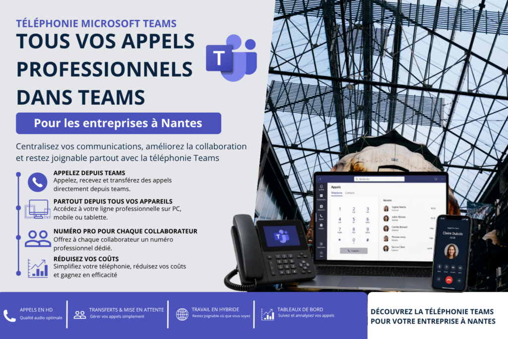 Téléphonie Microsoft Teams pour les entreprises à Nantes avec téléphone IP, ordinateur portable et smartphone dédiés aux appels professionnels.