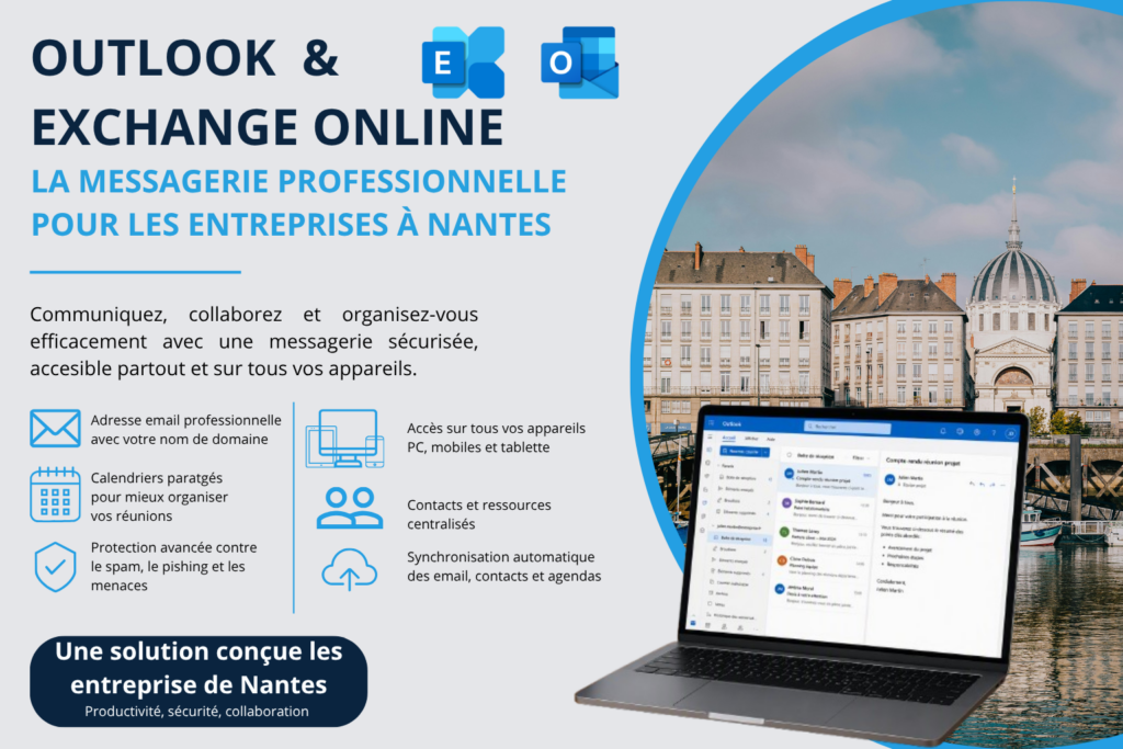 Outlook et Exchange Online pour les entreprises à Nantes avec ordinateur portable affichant une messagerie professionnelle Microsoft.