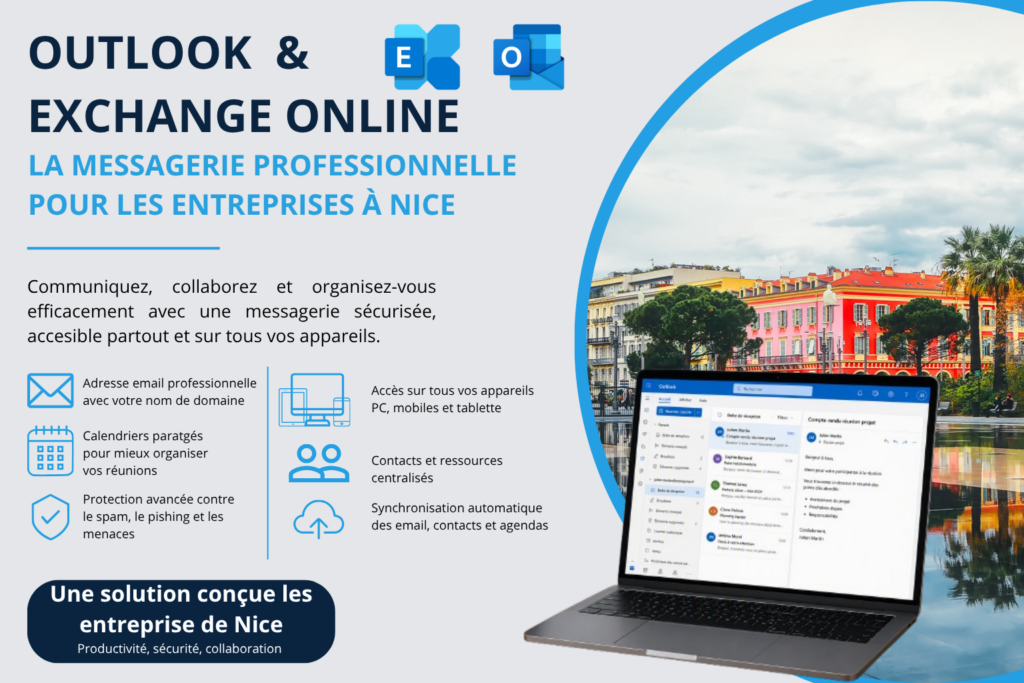 Outlook et Exchange Online pour les entreprises à Nice avec ordinateur portable affichant une messagerie professionnelle Microsoft devant un panorama de la ville.