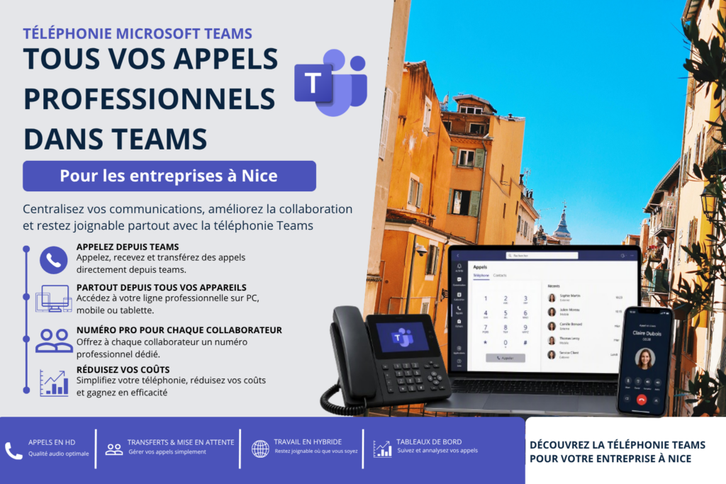 Téléphonie Microsoft Teams pour les entreprises à Nice avec téléphone IP, ordinateur portable et smartphone dédiés aux communications professionnelles.