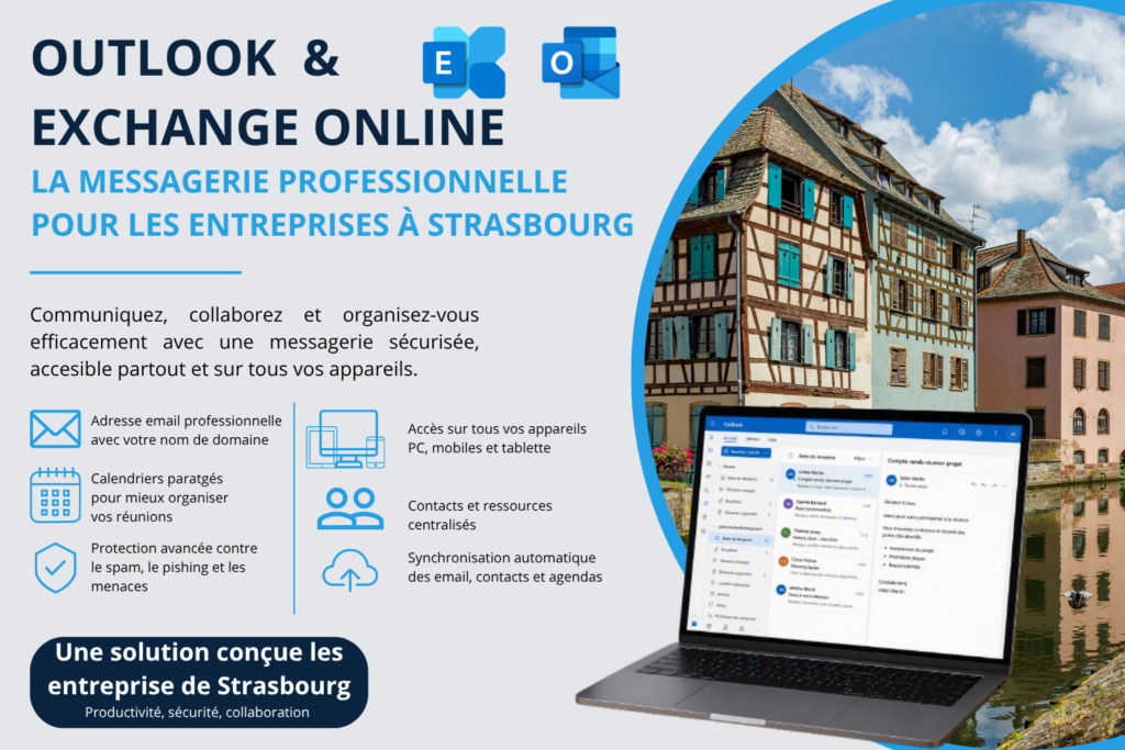 Outlook et Exchange Online pour les entreprises à Strasbourg avec ordinateur portable affichant la messagerie Microsoft devant un paysage emblématique alsacien.
