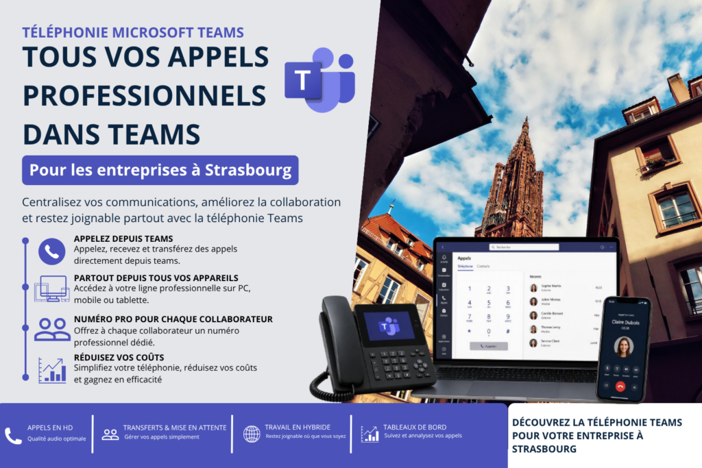 Téléphonie Microsoft Teams pour les entreprises à Strasbourg avec téléphone IP, ordinateur portable et smartphone dédiés aux communications professionnelles.