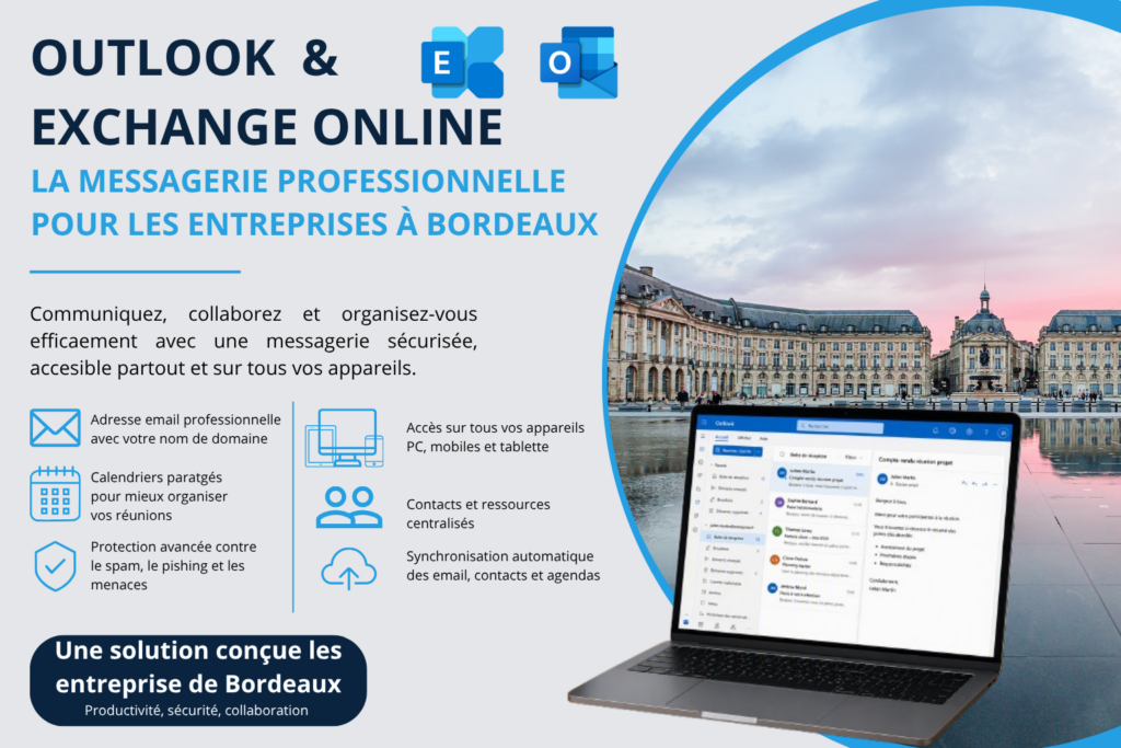 Outlook et Exchange Online pour les entreprises à Bordeaux avec ordinateur portable affichant une messagerie professionnelle Microsoft.