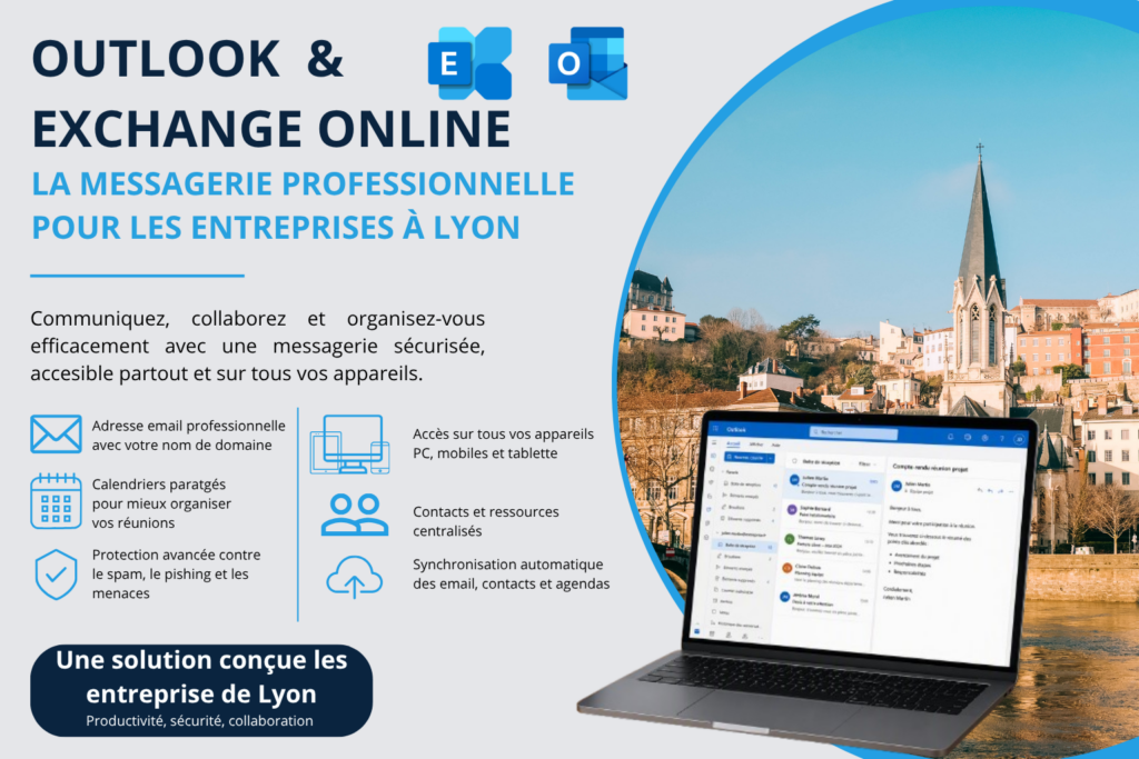 Outlook et Exchange Online pour les entreprises à Lyon avec ordinateur portable affichant la messagerie Microsoft et panorama urbain lyonnais.