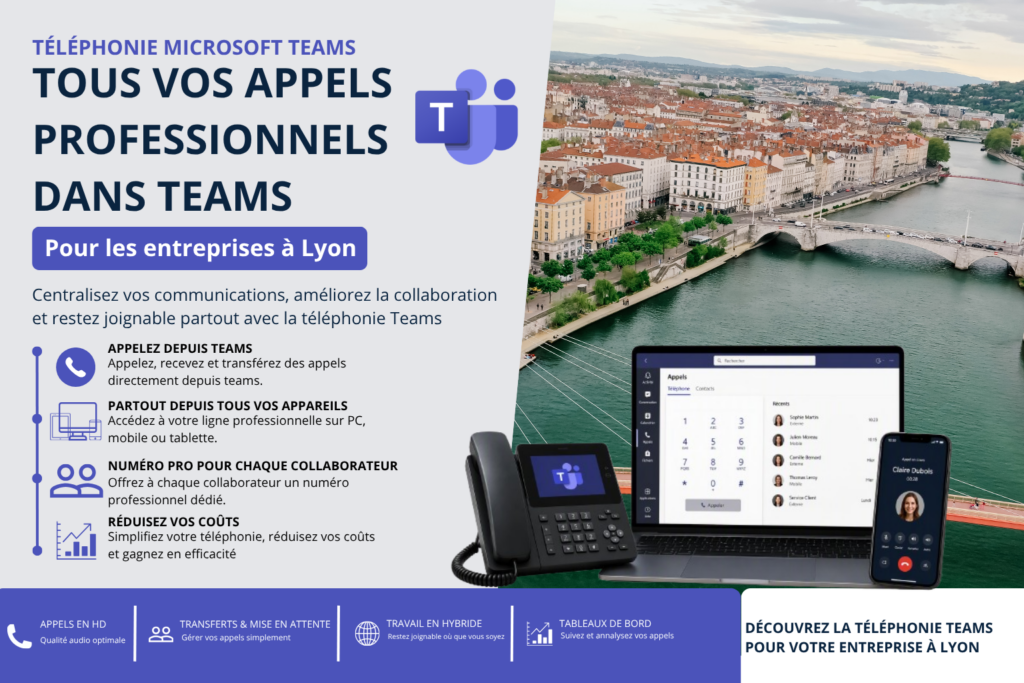 Téléphonie Microsoft Teams pour les entreprises à Lyon avec téléphone IP, ordinateur portable et smartphone dédiés aux communications professionnelles.
