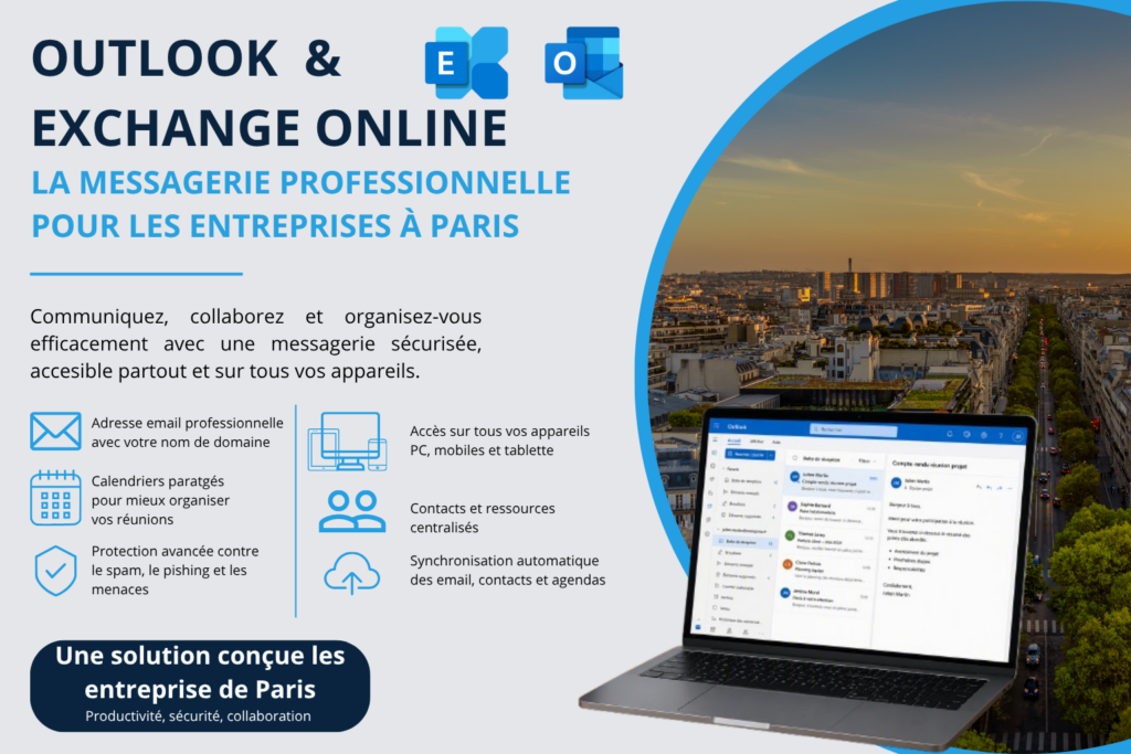 Outlook et Exchange Online pour les entreprises à Paris avec ordinateur portable affichant une messagerie professionnelle Microsoft.