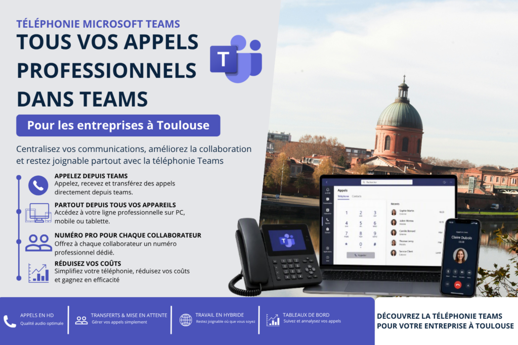 Téléphonie Microsoft Teams pour les entreprises à Toulouse avec téléphone IP, ordinateur portable et smartphone affichant les fonctionnalités d'appels professionnels.