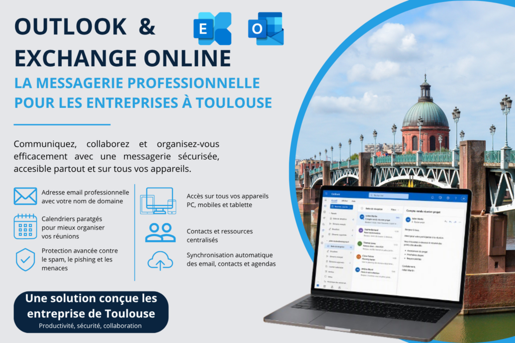Outlook et Exchange Online pour les entreprises à Toulouse avec ordinateur portable affichant la messagerie professionnelle Microsoft.