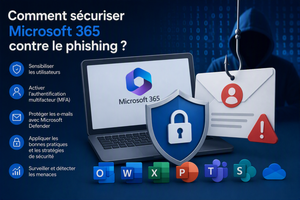 Illustration de la sécurité Microsoft 365 contre le phishing avec un ordinateur affichant Microsoft 365, un bouclier de protection, un e-mail frauduleux et des icônes Microsoft 365.